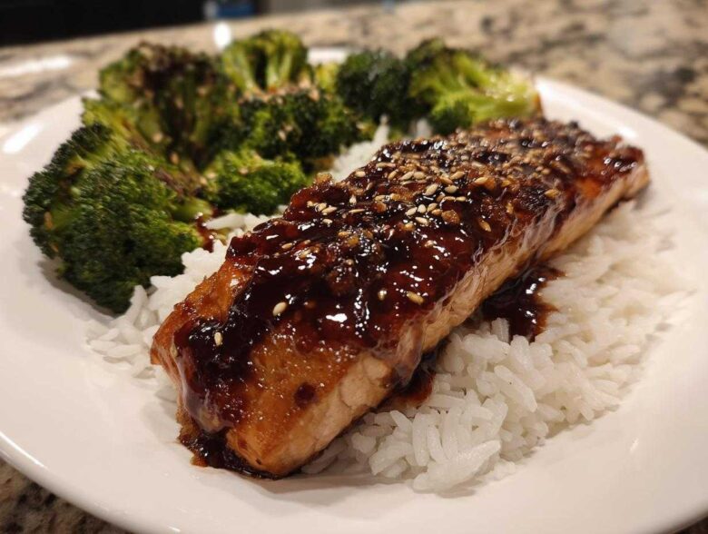 A close-up of a Teriyaki Salmon Rice Bowls serving featuring a glazed salmon fillet over white rice and steamed broccoli.