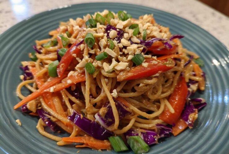 A close-up serving of Thai Peanut Noodles with Crunchy Veggies, topped with crushed peanuts and green onions.