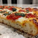 Close-up of a thick slice of Gluten-Free Margherita Pizza showing the airy crust, melted mozzarella, tomato sauce, and basil.