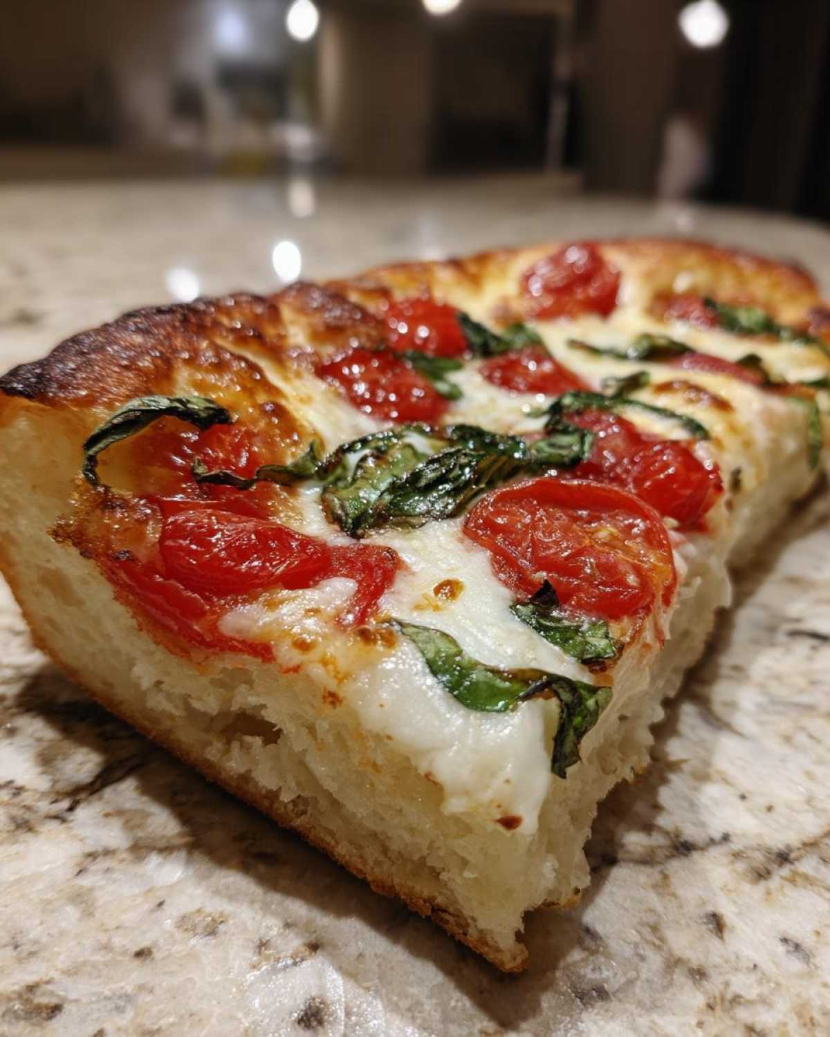 Close-up of a thick slice of Gluten-Free Margherita Pizza showing fluffy crust, melted mozzarella, bright tomatoes, and basil.