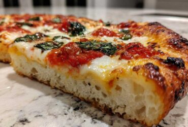 Close-up of a thick slice of Gluten-Free Margherita Pizza showing the airy crust, melted mozzarella, tomato sauce, and basil.