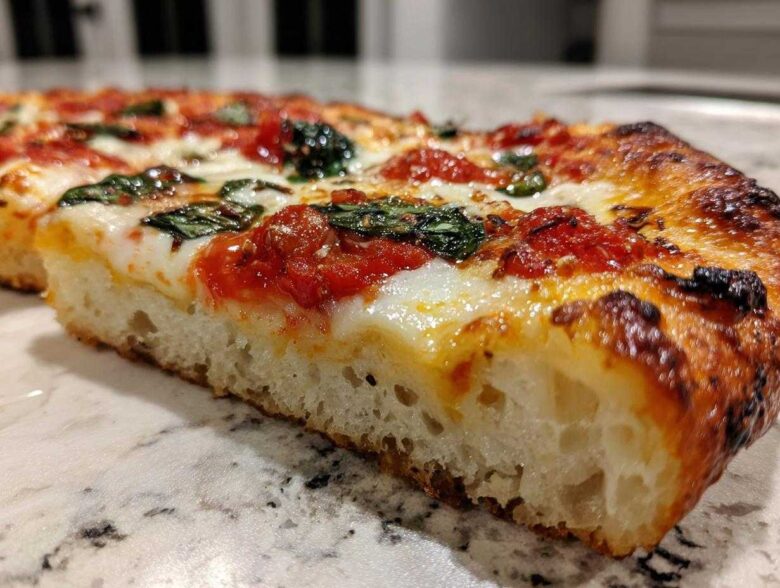 Close-up of a thick slice of Gluten-Free Margherita Pizza showing the airy crust, melted mozzarella, tomato sauce, and basil.