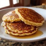 A stack of three golden-brown Vegan Banana Oat Pancakes drizzled with syrup on a white plate.
