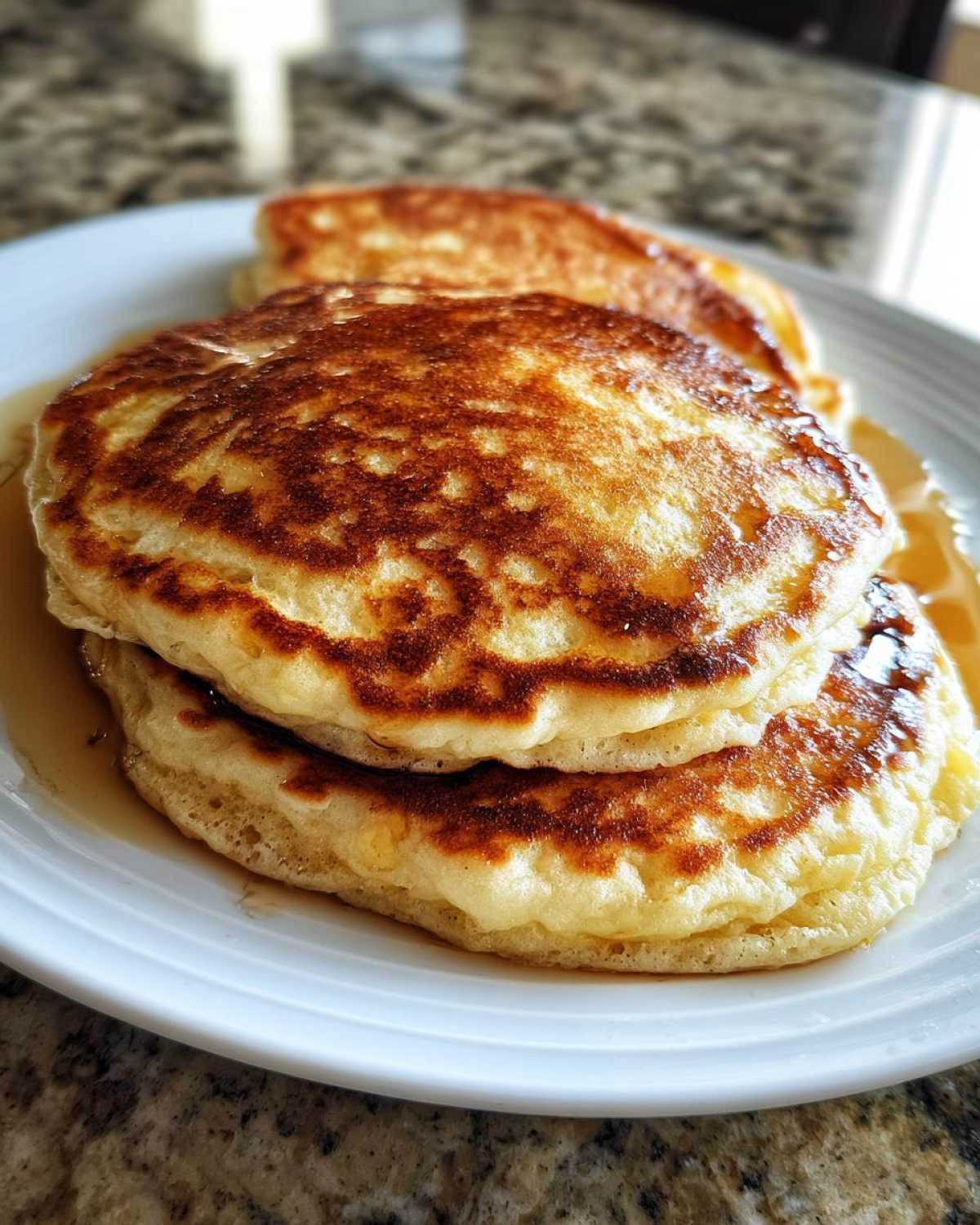 Close-up of a stack of golden-brown Vegan Banana Oat Pancakes drizzled with syrup on a white plate.