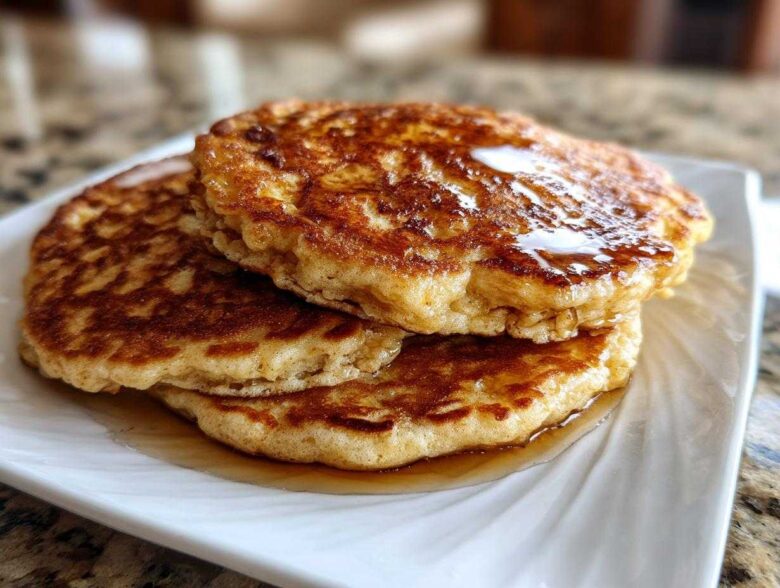 A close-up of three golden-brown Vegan Banana Oat Pancakes stacked and drizzled with syrup on a white plate.