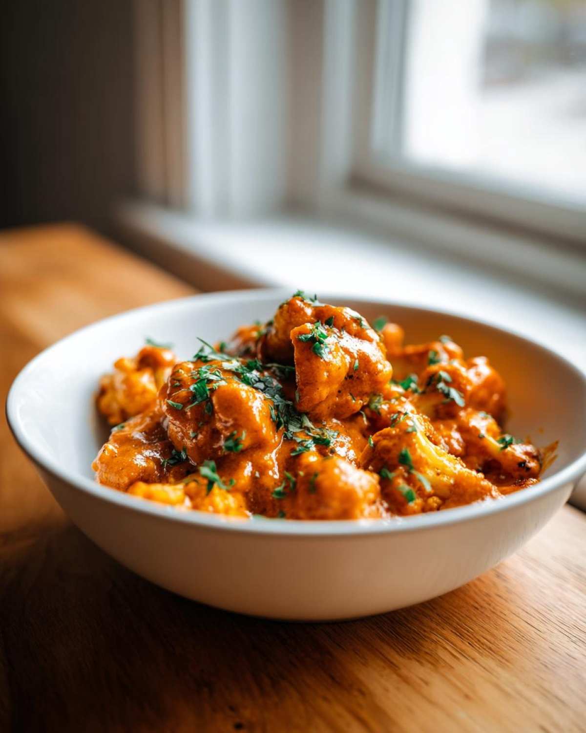 Close-up of Vegan Cauliflower Tikka Masala in a white bowl, garnished with fresh cilantro, set on a wooden table.