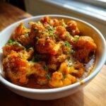 A close-up shot of rich, orange Vegan Cauliflower Tikka Masala garnished with fresh cilantro.