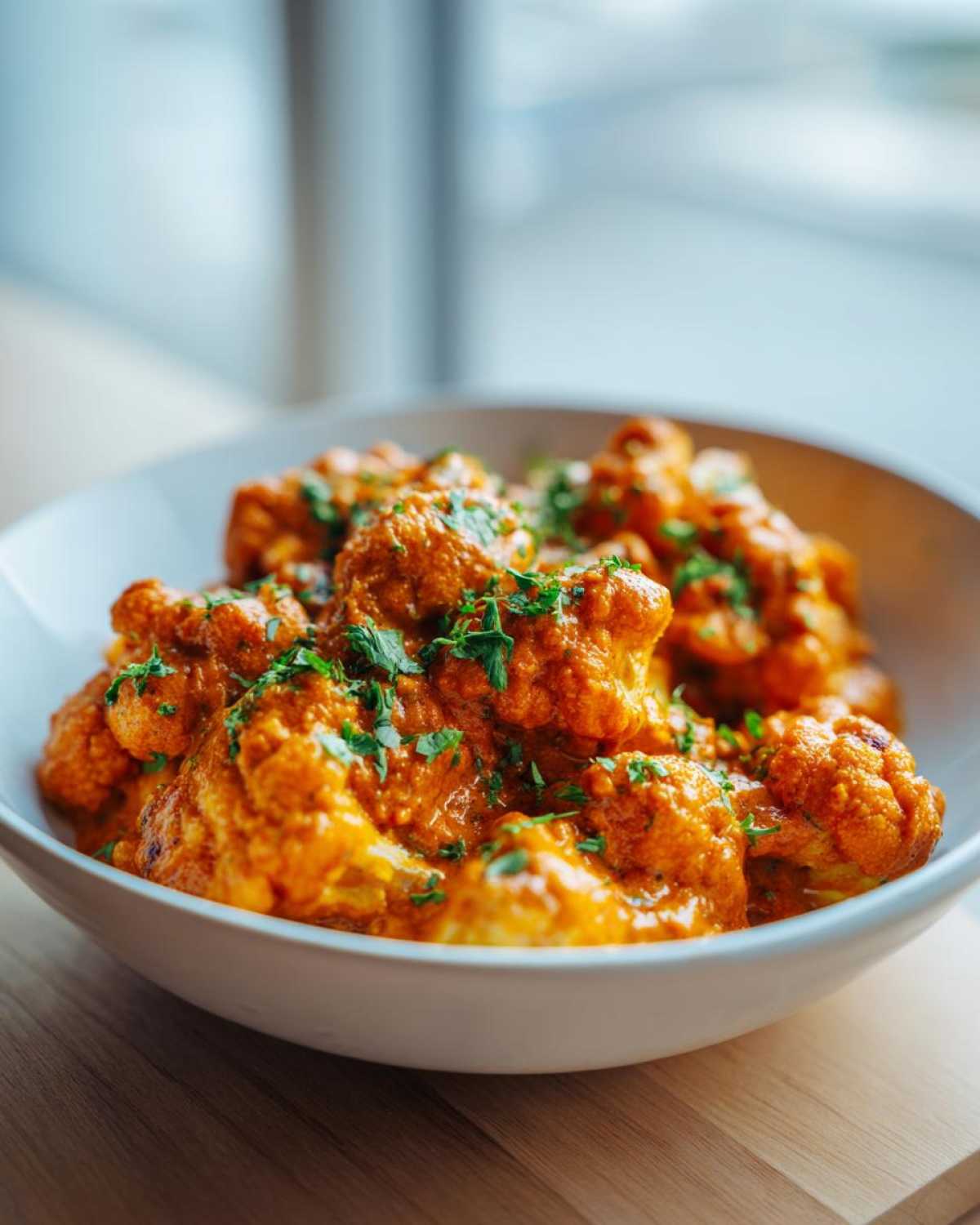 Close-up of rich, orange Vegan Cauliflower Tikka Masala garnished with fresh green herbs in a white bowl.