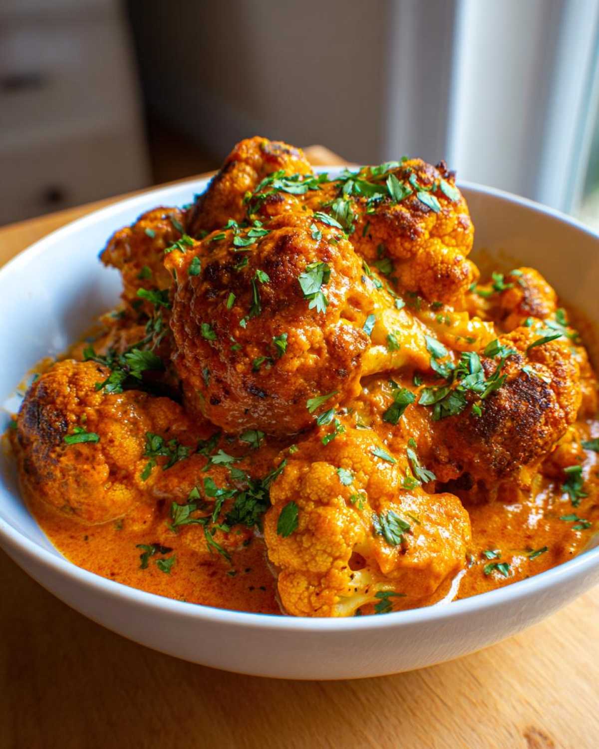 Close-up of roasted cauliflower florets smothered in creamy, orange Vegan Cauliflower Tikka Masala sauce, garnished with fresh cilantro.