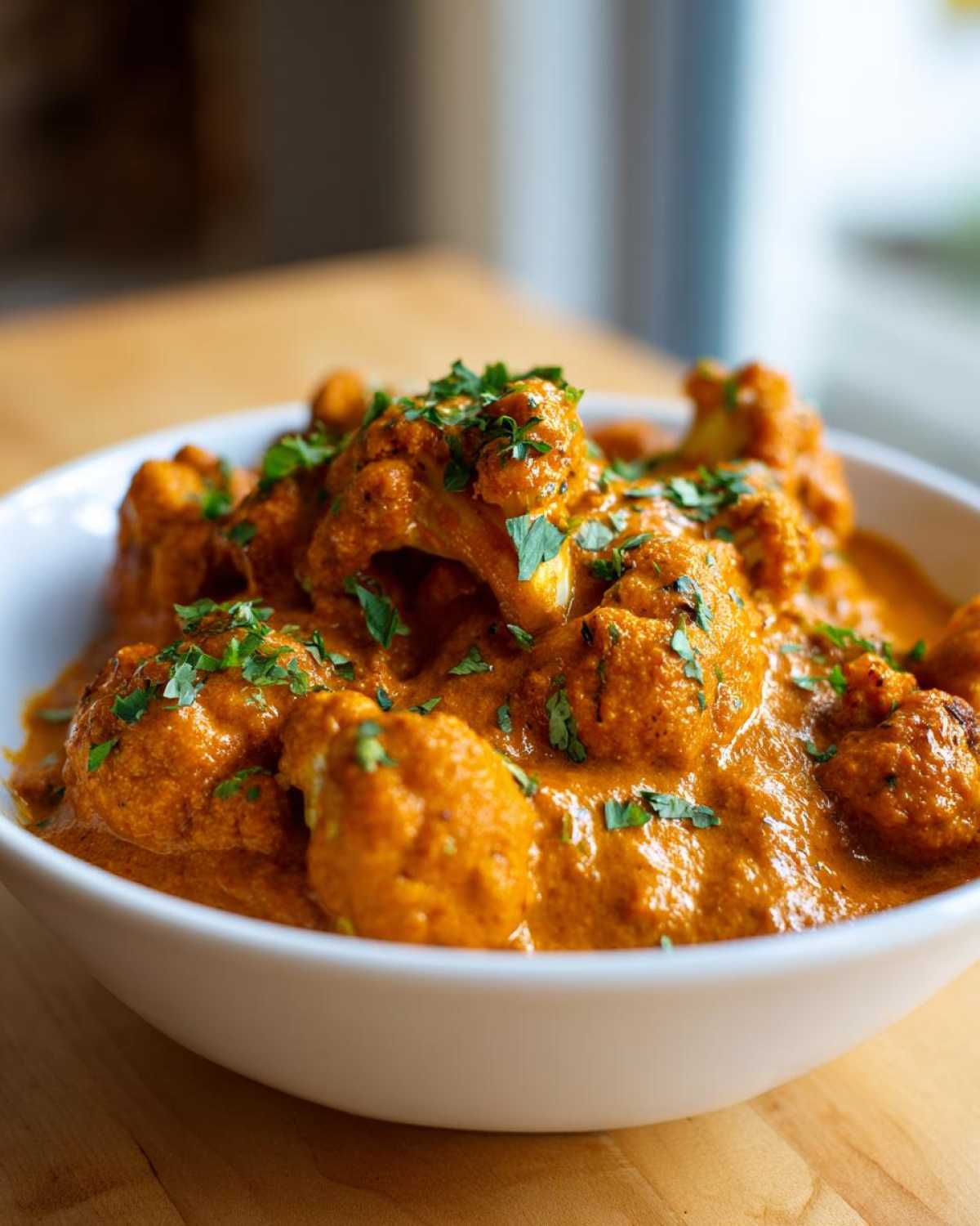 Close-up of a white bowl filled with vibrant orange Vegan Cauliflower Tikka Masala, garnished with fresh cilantro.
