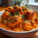 Close-up of roasted cauliflower florets swimming in a creamy, orange Vegan Cauliflower Tikka Masala sauce, garnished with fresh cilantro.