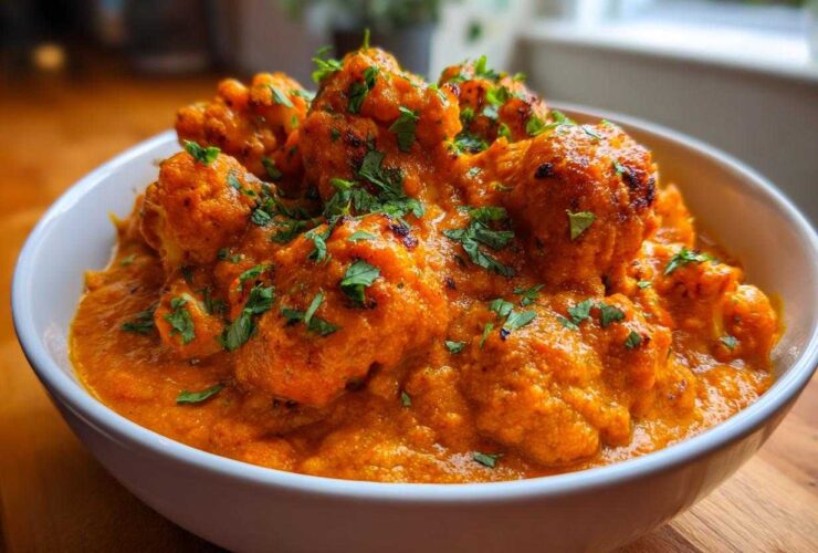 Close-up of roasted cauliflower florets swimming in a creamy, orange Vegan Cauliflower Tikka Masala sauce, garnished with fresh cilantro.