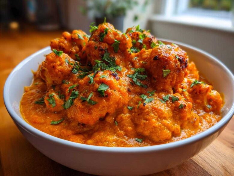 Close-up of roasted cauliflower florets swimming in a creamy, orange Vegan Cauliflower Tikka Masala sauce, garnished with fresh cilantro.