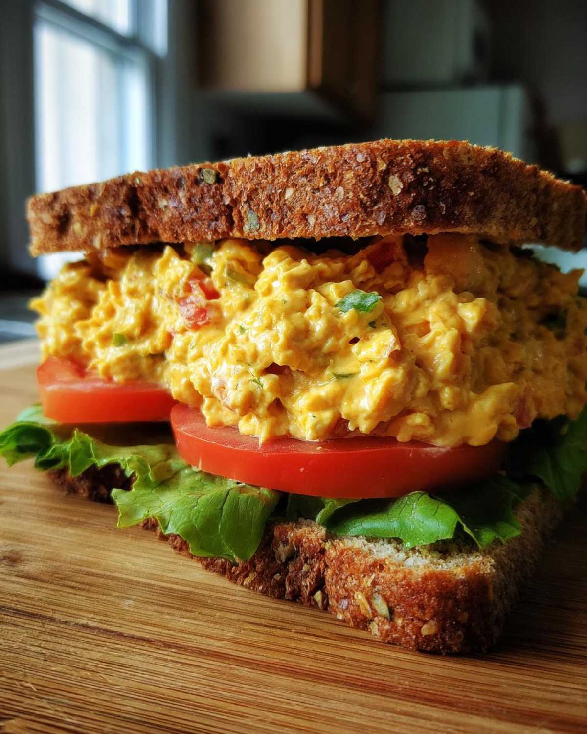 A thick Vegan Chickpea Salad Sandwich made with yellow chickpea salad, tomato slices, and lettuce on seeded whole grain bread.