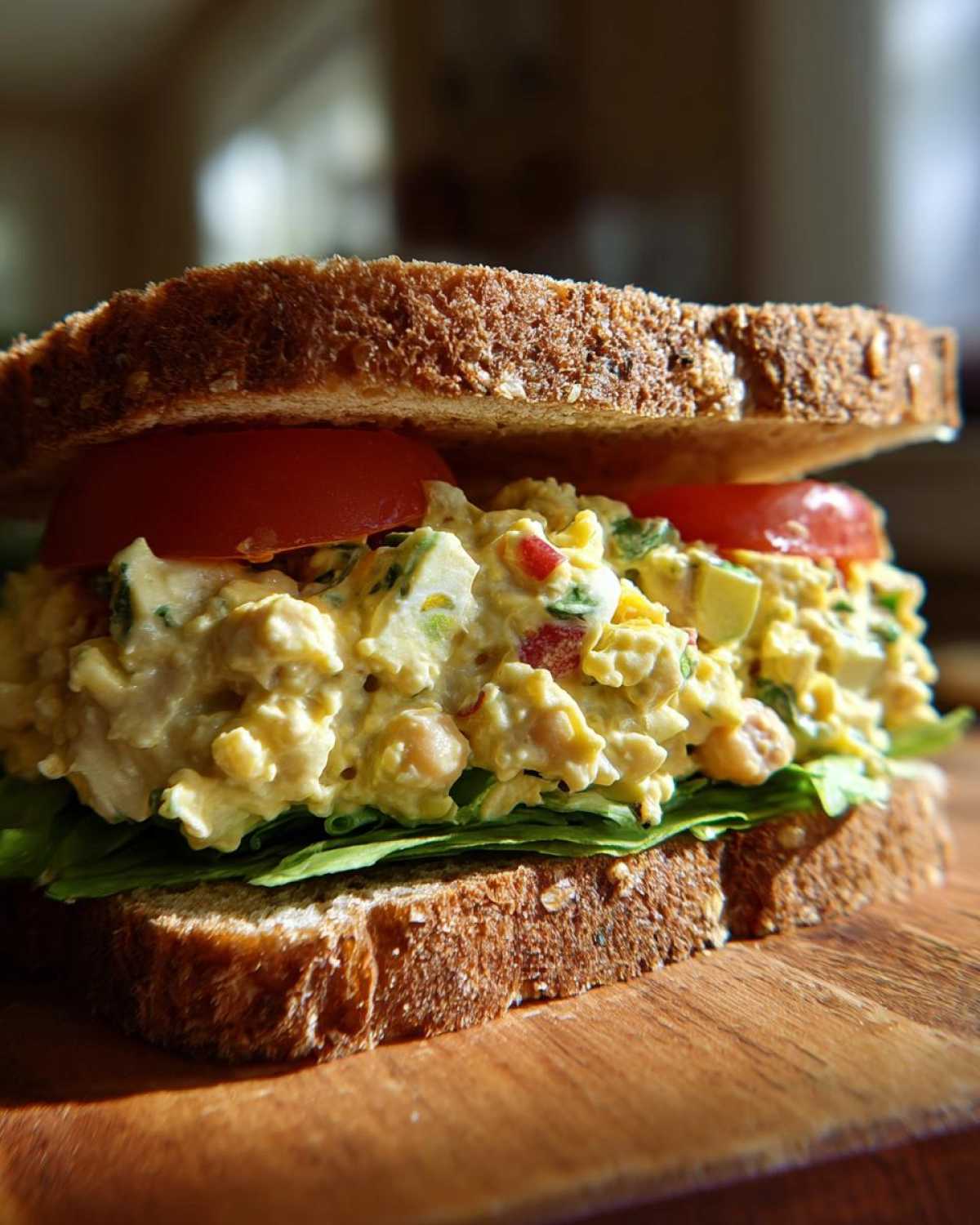 A close-up of a hearty Vegan Chickpea Salad Sandwich made with whole wheat bread, lettuce, tomato slices, and creamy chickpea salad.