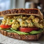 A hearty Vegan Chickpea Salad Sandwich on dark whole-grain bread with lettuce and tomato slices.