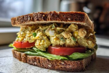 A hearty Vegan Chickpea Salad Sandwich on dark whole-grain bread with lettuce and tomato slices.