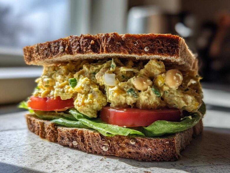 A hearty Vegan Chickpea Salad Sandwich on dark whole-grain bread with lettuce and tomato slices.