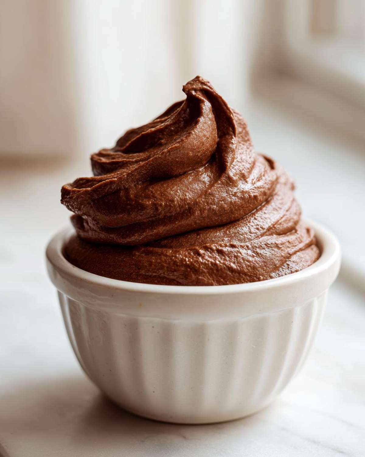 A perfectly piped swirl of rich, dark Vegan Chocolate Avocado Mousse served in a small white ramekin.