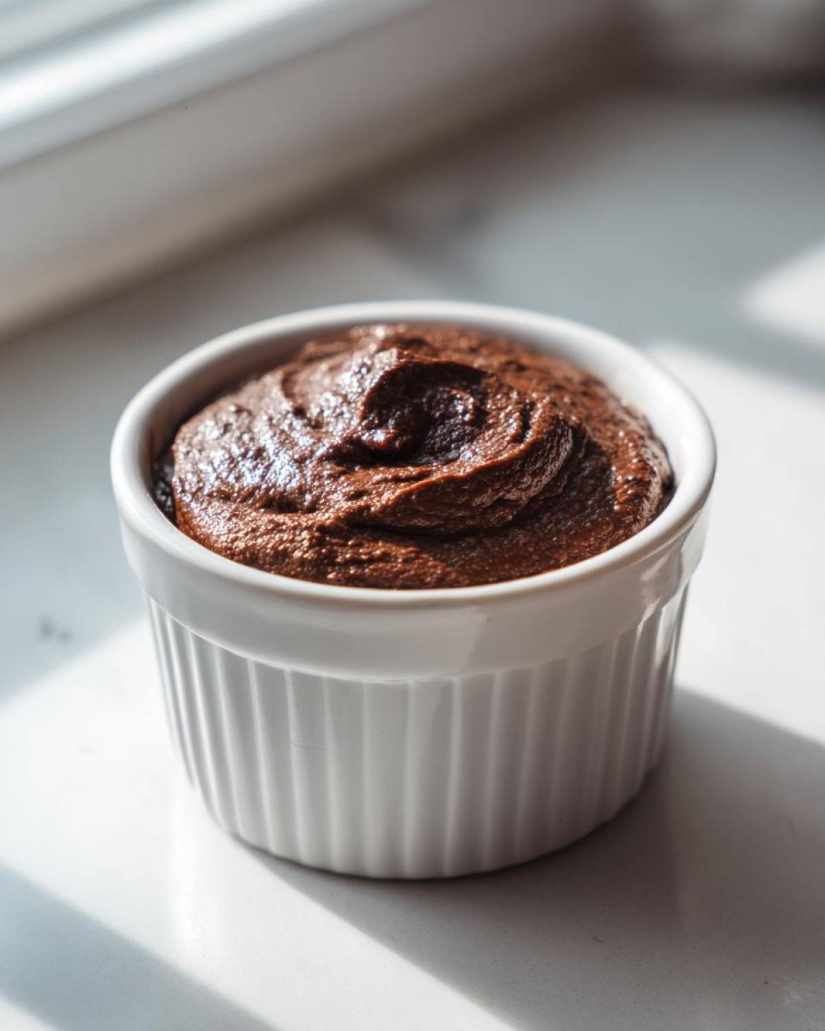 A single serving of rich, dark Vegan Chocolate Avocado Mousse swirled in a white ramekin.