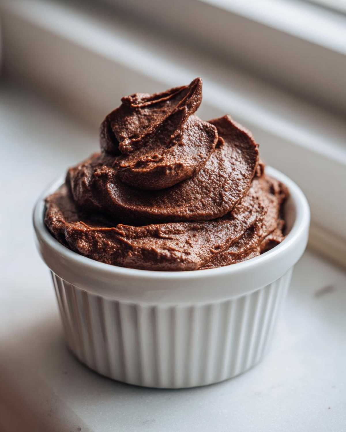 A close-up of rich, dark Vegan Chocolate Avocado Mousse piped high in a white ceramic ramekin.