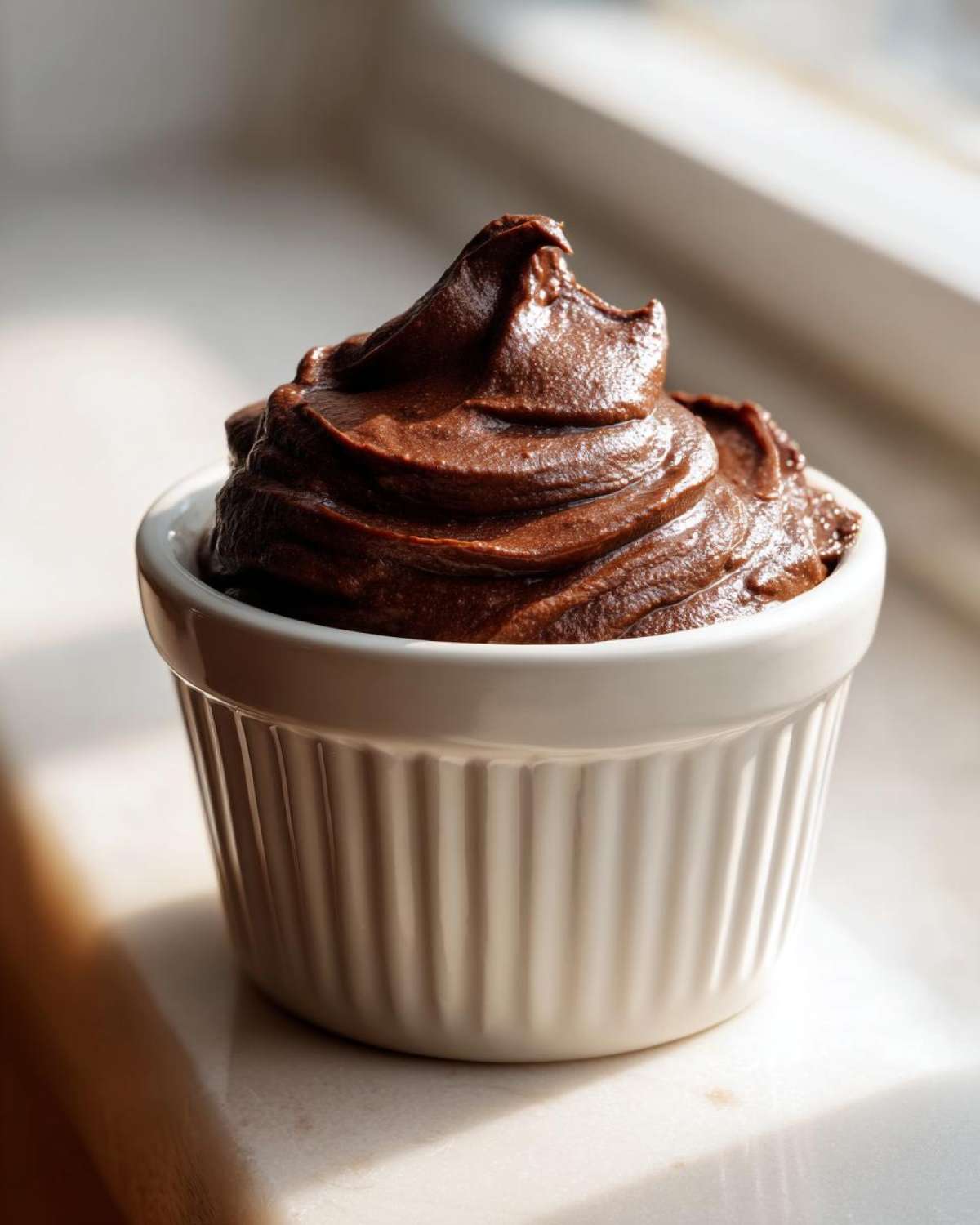 A single serving of rich, dark Vegan Chocolate Avocado Mousse piped high in a white fluted ramekin.