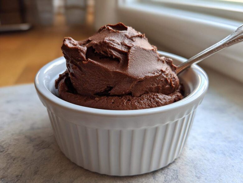 A rich scoop of Vegan Chocolate Avocado Mousse served in a white fluted ramekin with a spoon.