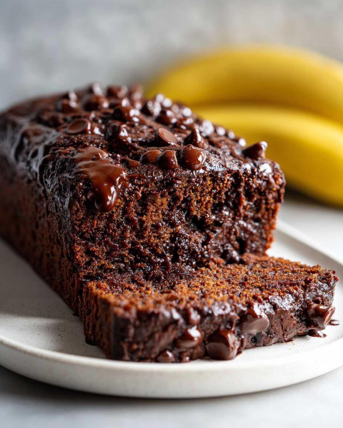A close-up of moist Vegan Chocolate Banana Bread topped with melted chocolate chips and drizzle.