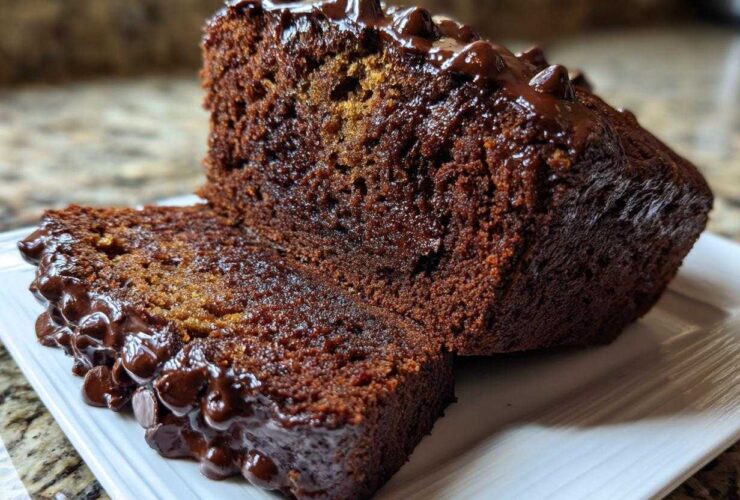 A close-up of a thick slice cut from rich Vegan Chocolate Banana Bread topped with melted chocolate chips.