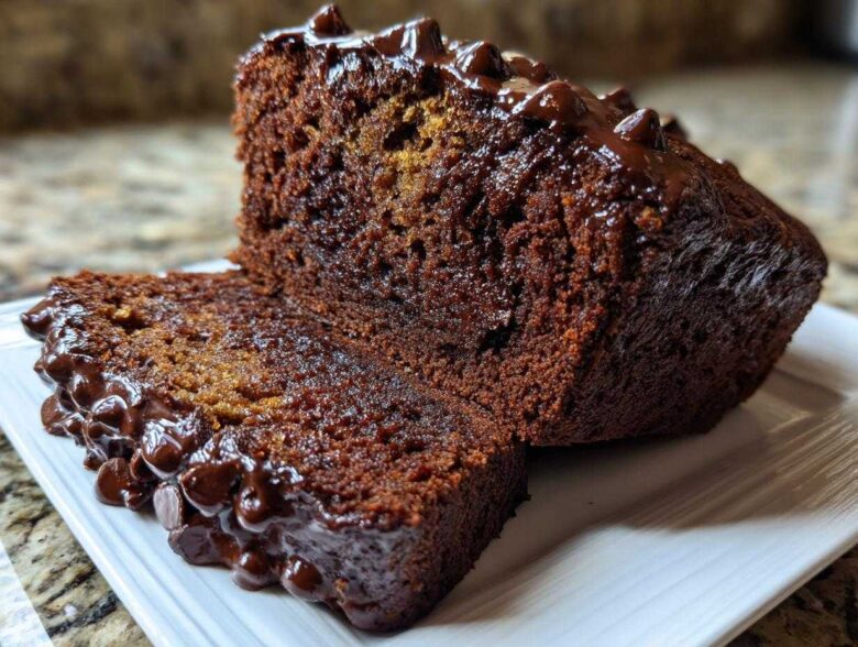 A close-up of a thick slice cut from rich Vegan Chocolate Banana Bread topped with melted chocolate chips.