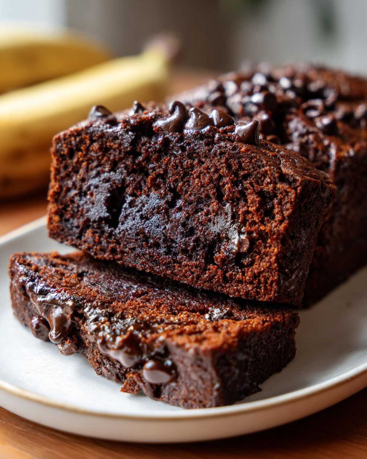 Close-up of moist Vegan Chocolate Banana Bread slices topped with melted chocolate chips.
