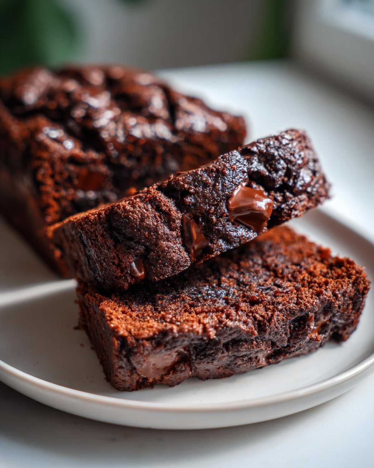 Close-up of two thick slices of rich, dark Vegan Chocolate Banana Bread on a white plate, showing melted chocolate chips.