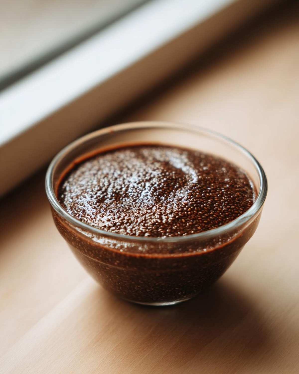 Close-up of rich Vegan Chocolate Chia Pudding texture in a small clear glass bowl.