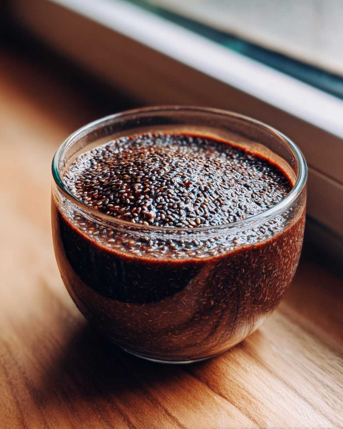 Close-up of rich Vegan Chocolate Chia Pudding in a glass, showing the texture of the soaked chia seeds.