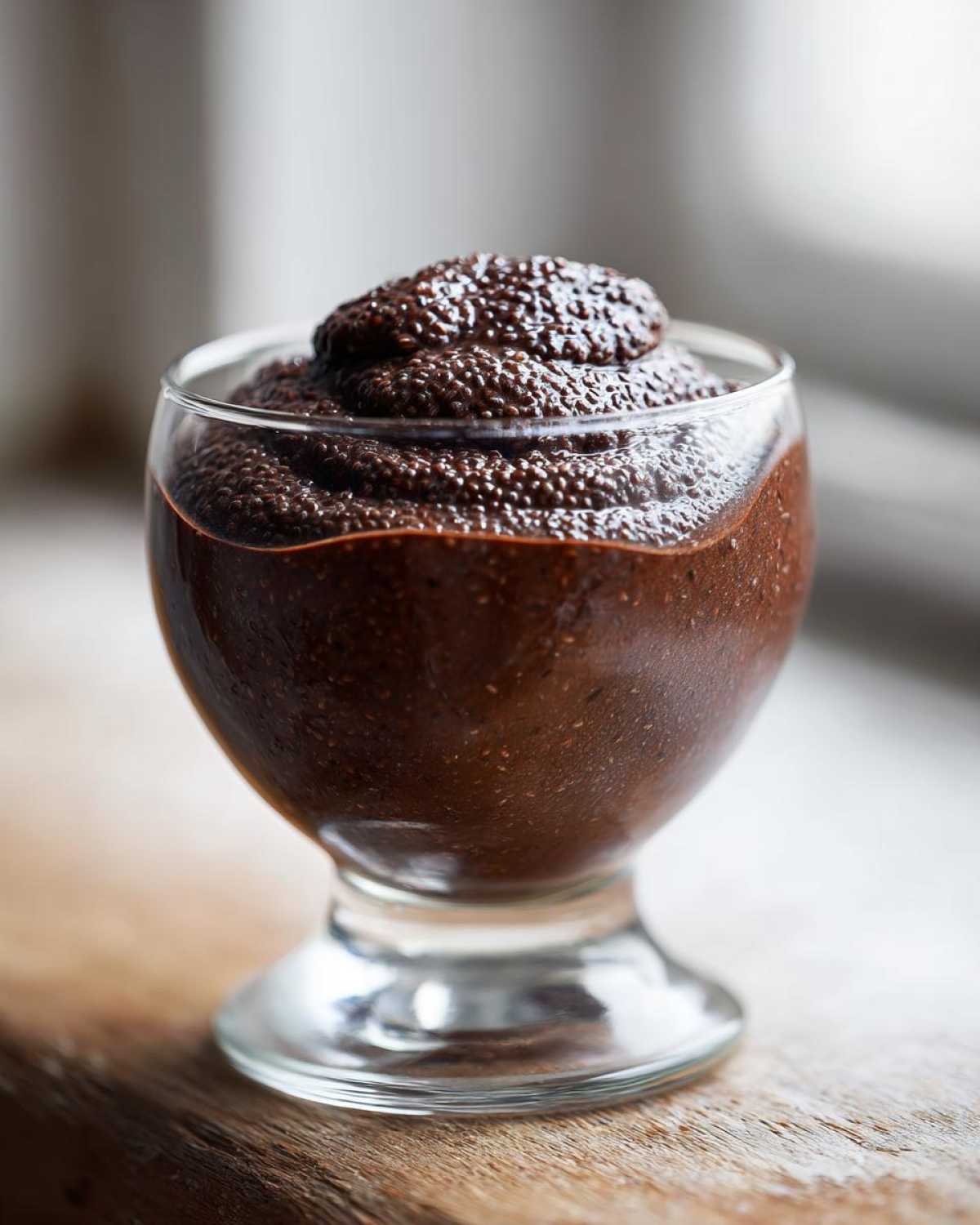 Close-up of rich Vegan Chocolate Chia Pudding served in a small glass dessert dish.