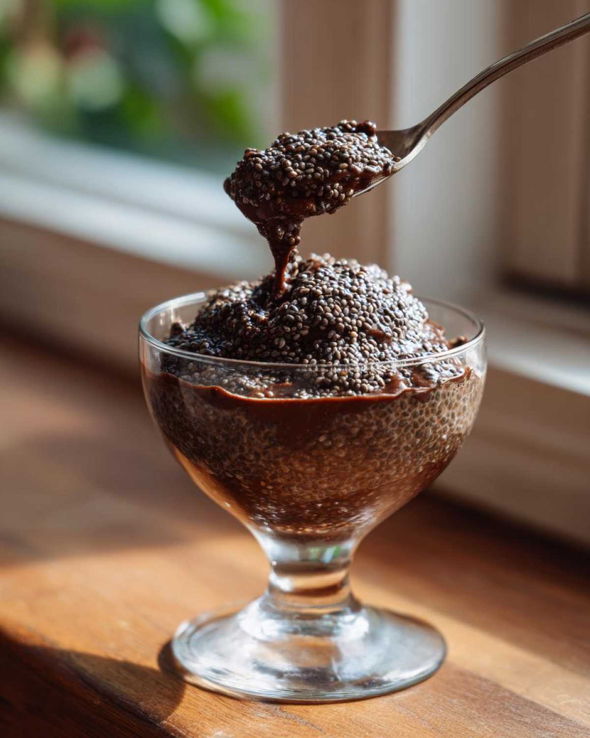 A spoonful of thick Vegan Chocolate Chia Pudding being lifted from a glass dish.