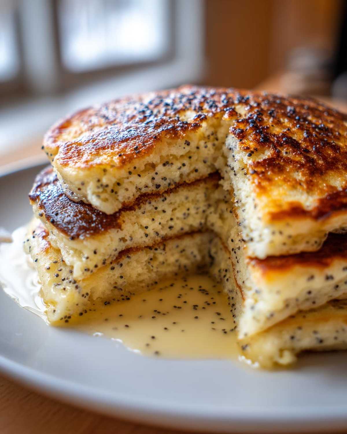 A stack of fluffy Vegan Lemon Poppy Seed Pancakes drizzled with lemon syrup.