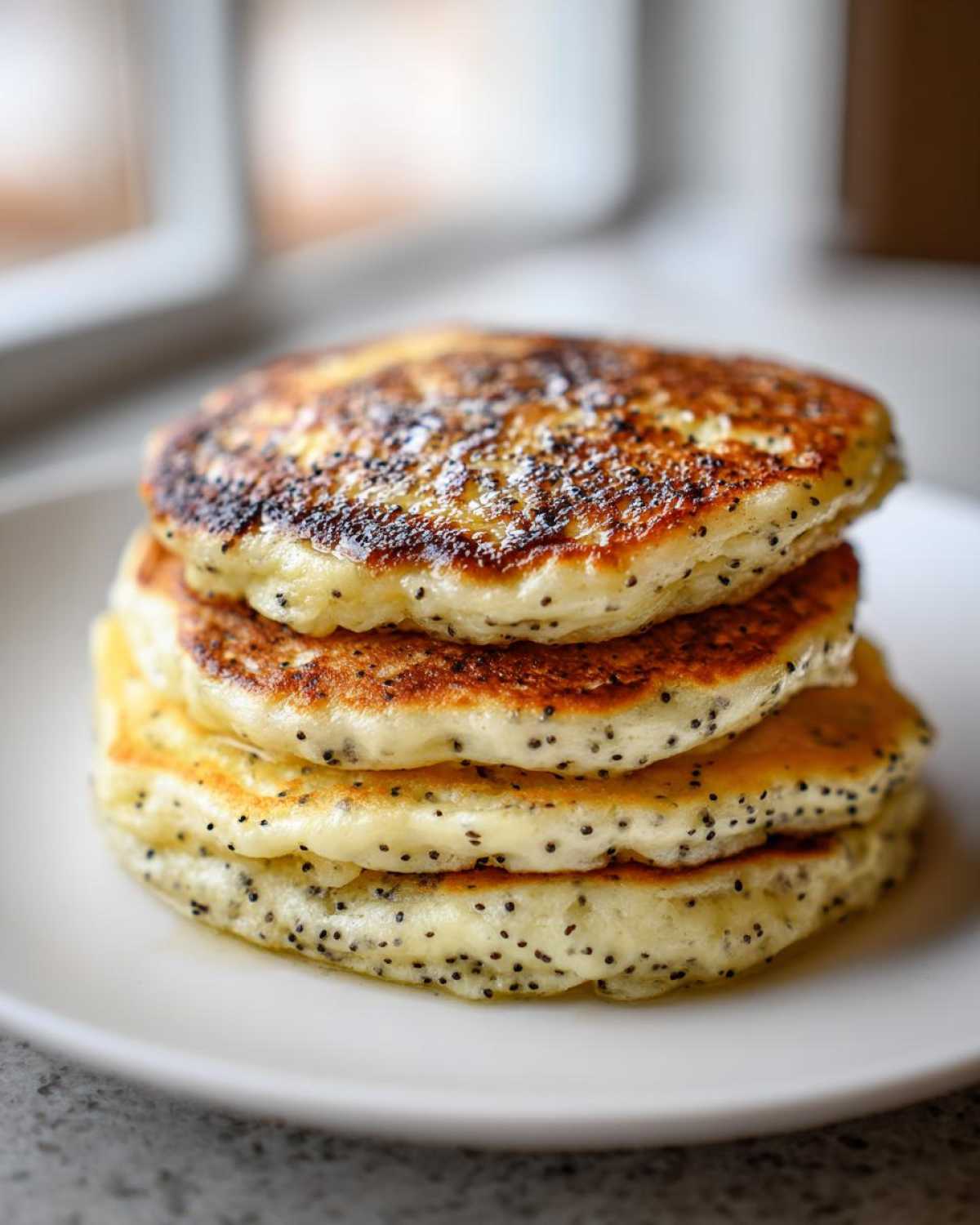 A stack of three fluffy Vegan Lemon Poppy Seed Pancakes dotted with poppy seeds, lightly browned.