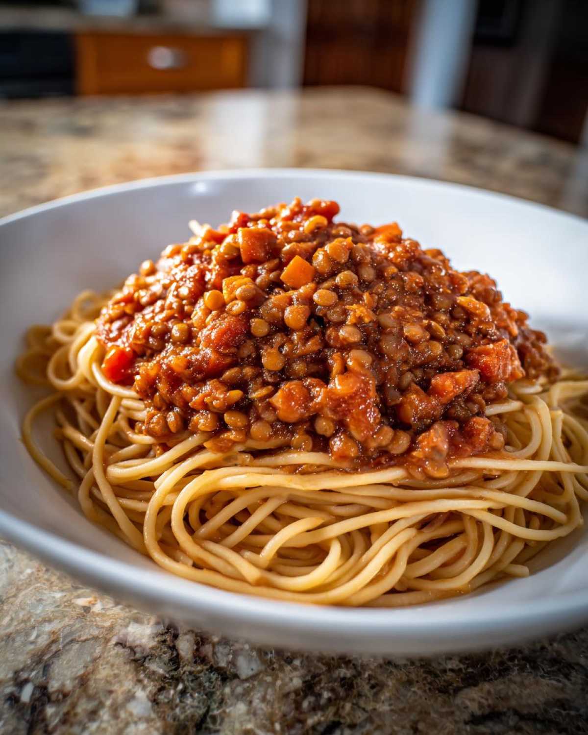 A close-up of a white bowl filled with spaghetti topped generously with rich Vegan Lentil Bolognese sauce.