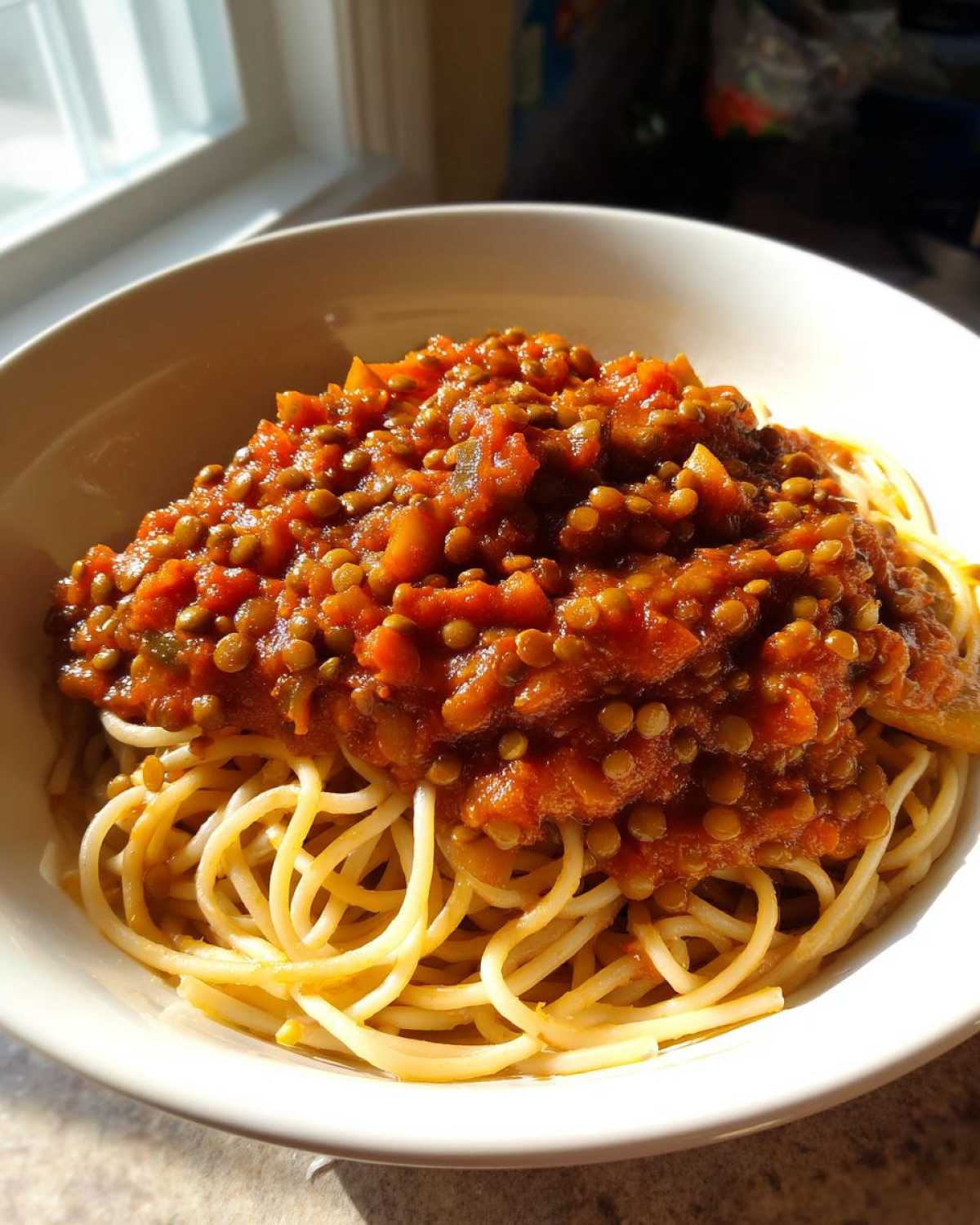 A close-up of a white bowl filled with spaghetti topped generously with rich Vegan Lentil Bolognese sauce.