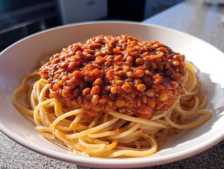 A white bowl filled with spaghetti topped generously with rich Vegan Lentil Bolognese sauce.