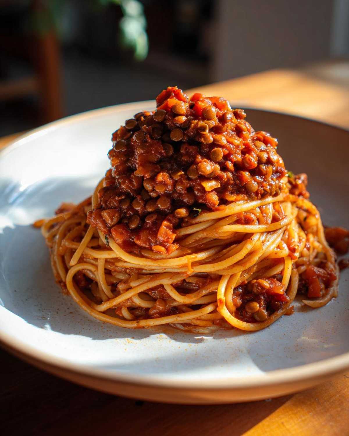 A close-up of spaghetti topped high with rich Vegan Lentil Bolognese sauce on a light-colored plate.