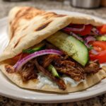 A close-up of a Vegan Mushroom Shawarma stuffed in a warm pita with cucumber, tomato, red onion, and white sauce.