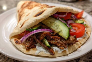 A close-up of a Vegan Mushroom Shawarma stuffed in a warm pita with cucumber, tomato, red onion, and white sauce.