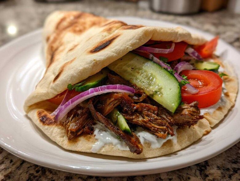 A close-up of a Vegan Mushroom Shawarma stuffed in a warm pita with cucumber, tomato, red onion, and white sauce.