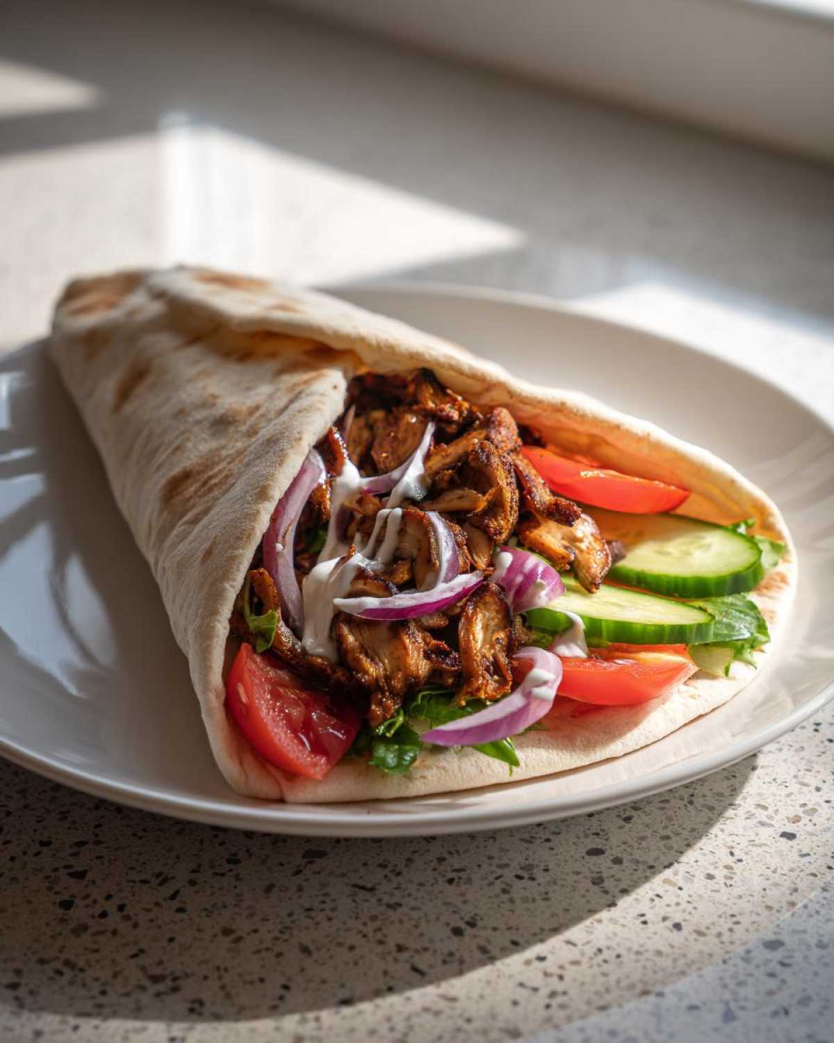 A delicious Vegan Mushroom Shawarma wrap filled with seasoned mushrooms, tomatoes, cucumbers, red onion, and white sauce on a plate.