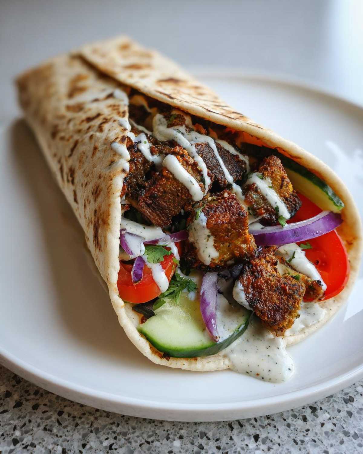 A delicious Vegan Mushroom Shawarma wrap filled with seasoned mushrooms, cucumber, tomato, red onion, and drizzled with white sauce.