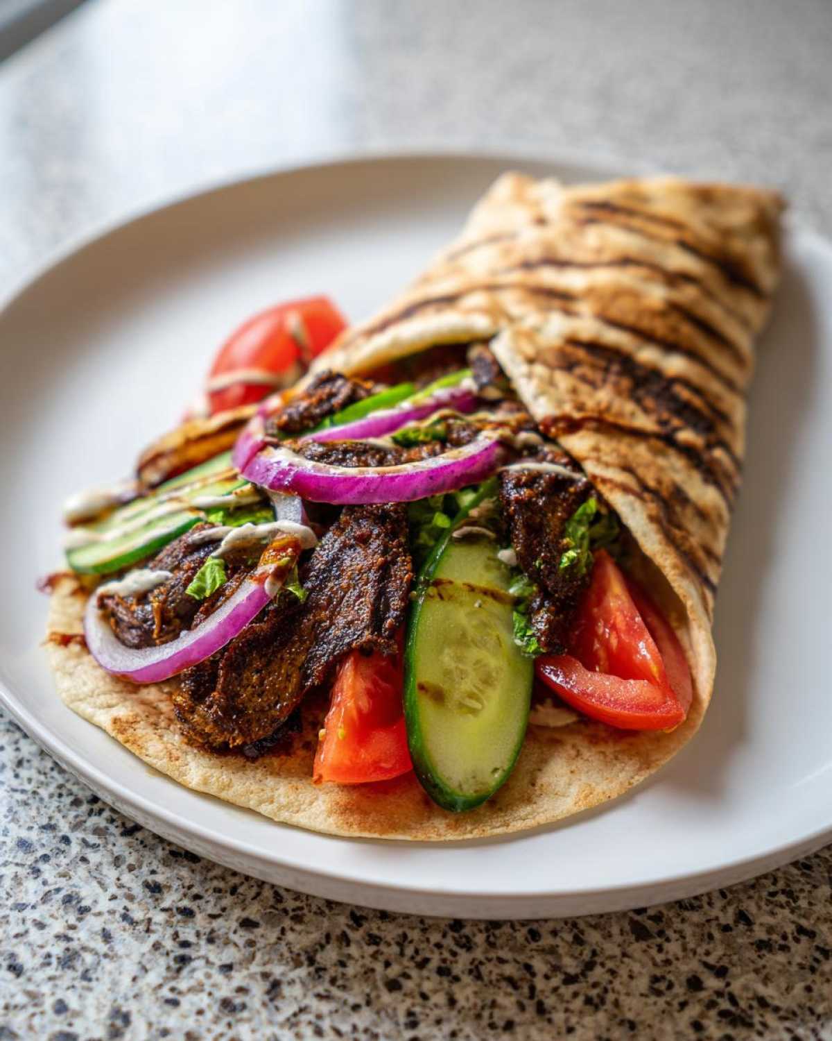 A delicious Vegan Mushroom Shawarma wrap filled with seasoned mushrooms, red onion, cucumber, and tomato, served on a white plate.