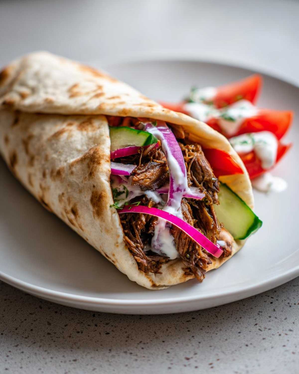 Close-up of a Vegan Mushroom Shawarma wrap filled with shredded mushrooms, red onion, cucumber, and white sauce.
