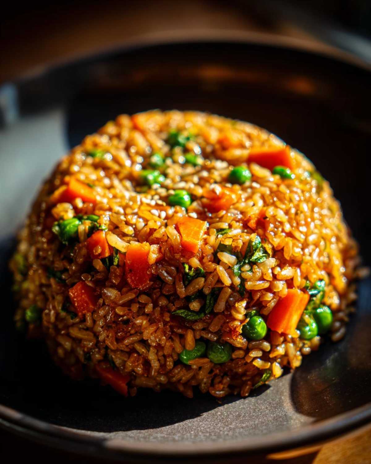A mound of glossy Vegetable Fried Rice with peas, carrots, and sesame seeds served on a dark plate.